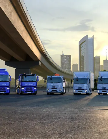 Renault Trucks E-TECH 2025 range with the Kleuster cargo bike, and without Renault Trucks E-Tech Trafic, with vehicles in launch colors, with Renault Trucks E-Tech D 12 / D 14 and Renault Trucks E-Tech T 780 The selection of the truck cutouts can be retrieved in Photoshop in the Layers window by selecting the Alpha layer. and downloading the source file.